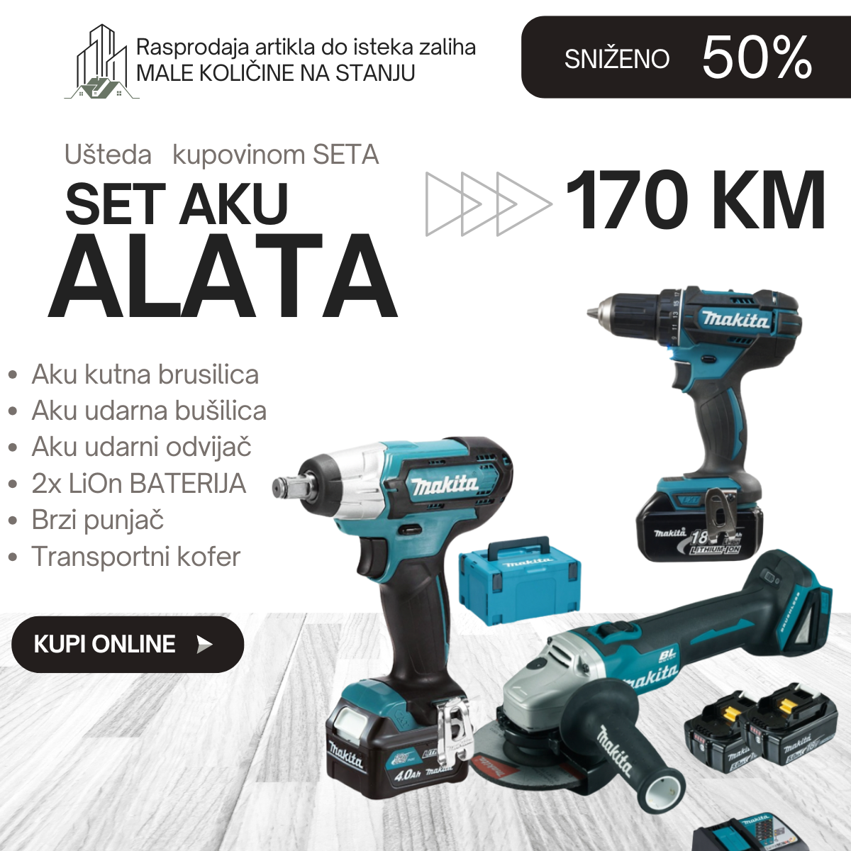 Aku 3u1: udarni odvijač, brusilica, bušilica sa čekićem